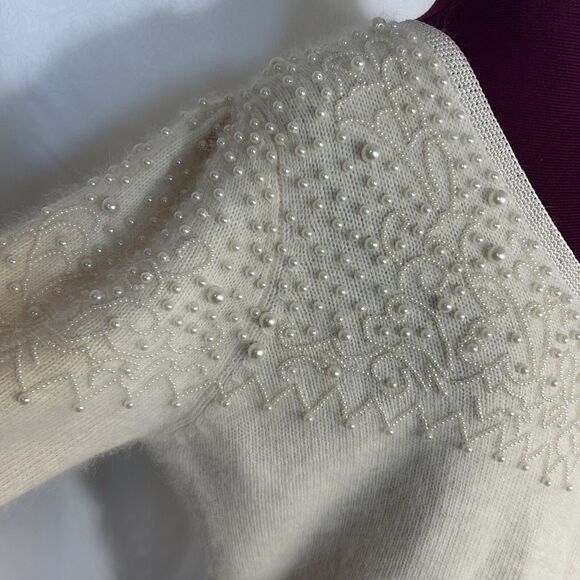 Vintage 80s Side Effects Beaded Ivory Wool Angora Rabbit Hair Sweater Sz M - Picture 7 of 16